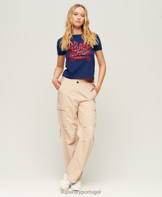 camiseta gráfica com script de roupa de trabalho mulheres marinha roupas Superdry 2208H1971