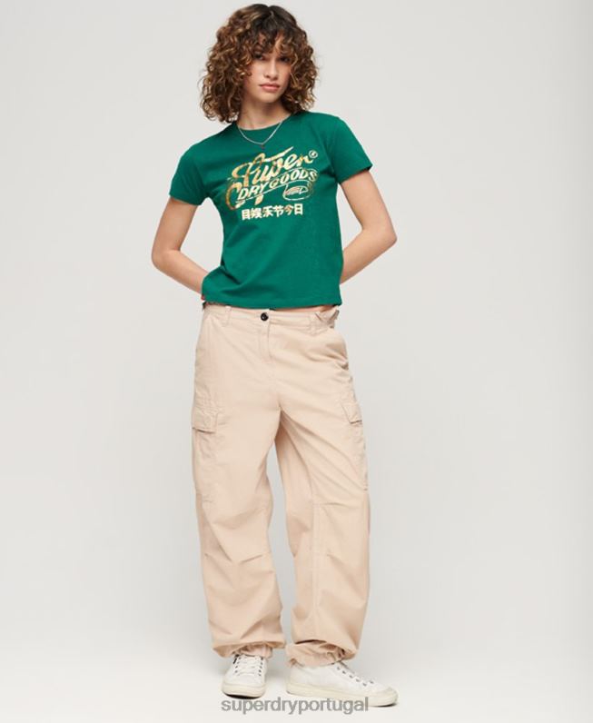 camiseta gráfica com script de roupa de trabalho mulheres verde roupas Superdry 2208H2099