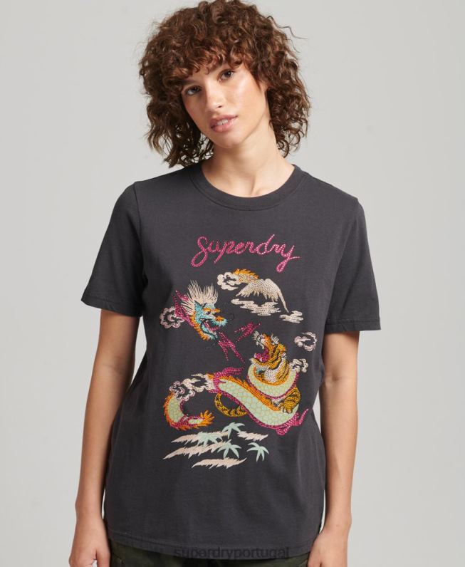 camiseta gráfica suika mulheres preto roupas Superdry 2208H2644