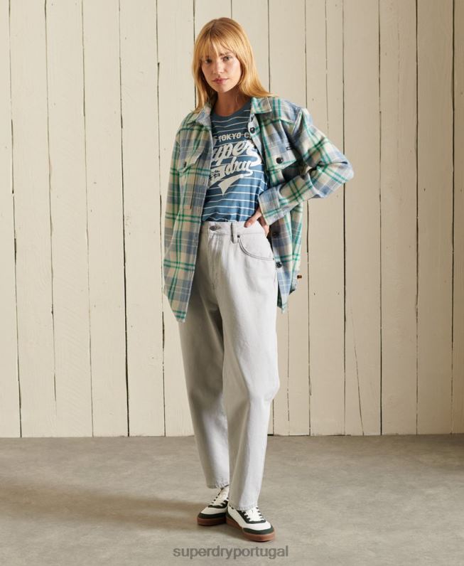 camiseta listrada da faculdade estilo script mulheres azul roupas Superdry 2208H2794