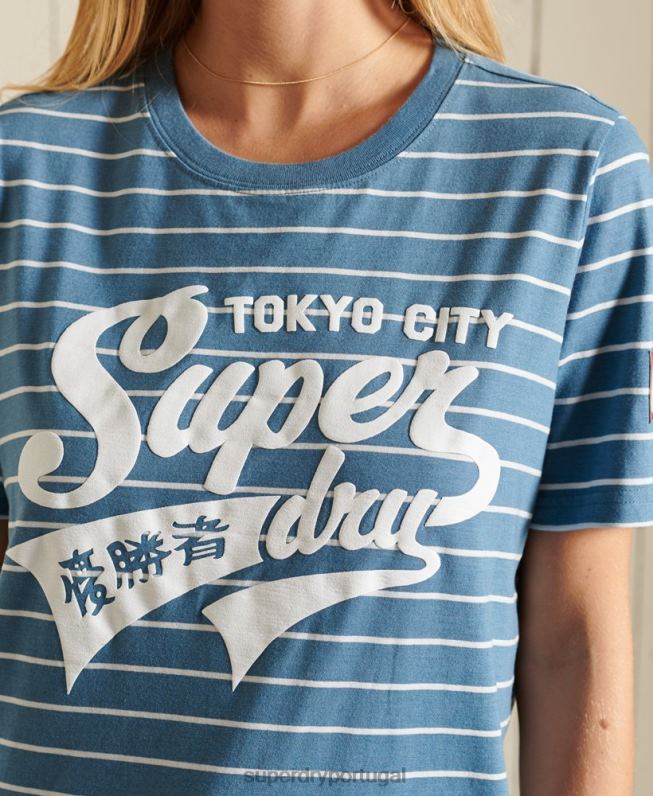 camiseta listrada da faculdade estilo script mulheres azul roupas Superdry 2208H2794