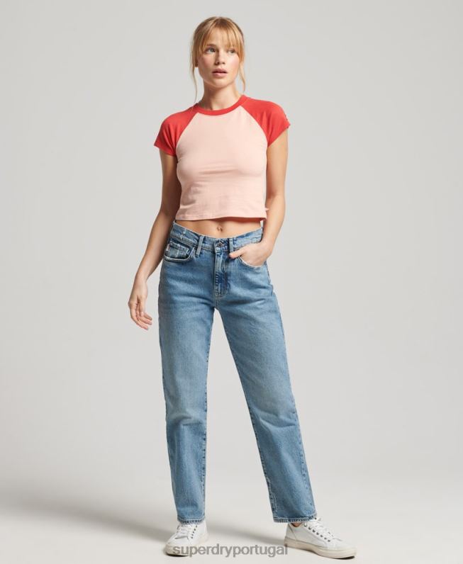 camiseta minúscula vintage de beisebol de algodão orgânico mulheres rosa roupas Superdry 2208H6232