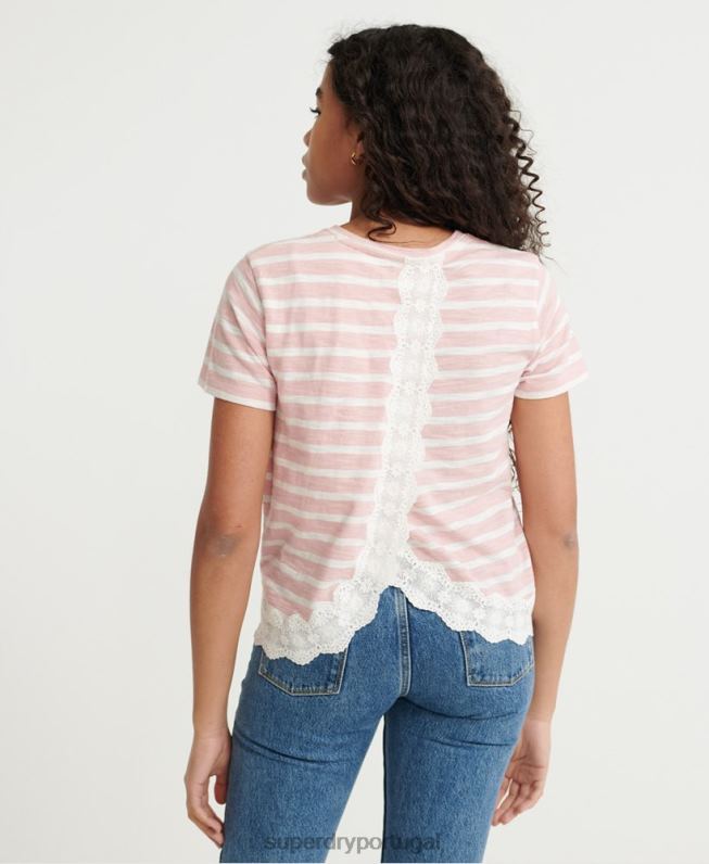 camiseta mistura de renda mulheres rosa roupas Superdry 2208H6775