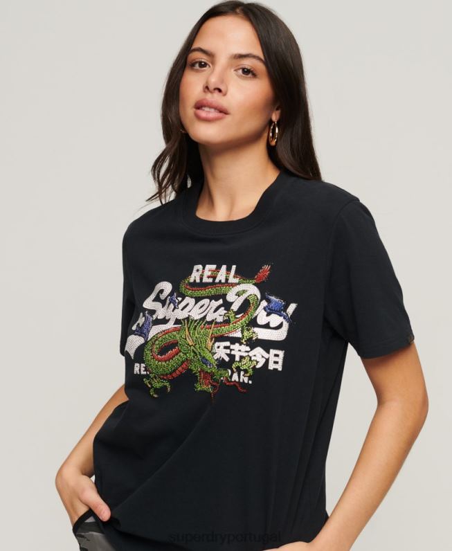 camiseta narrativa com logo vintage mulheres cinza escuro roupas Superdry 2208H2175