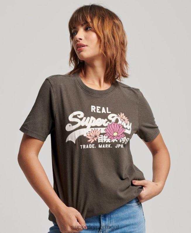 camiseta narrativa com logo vintage mulheres cinza escuro roupas Superdry 2208H2190