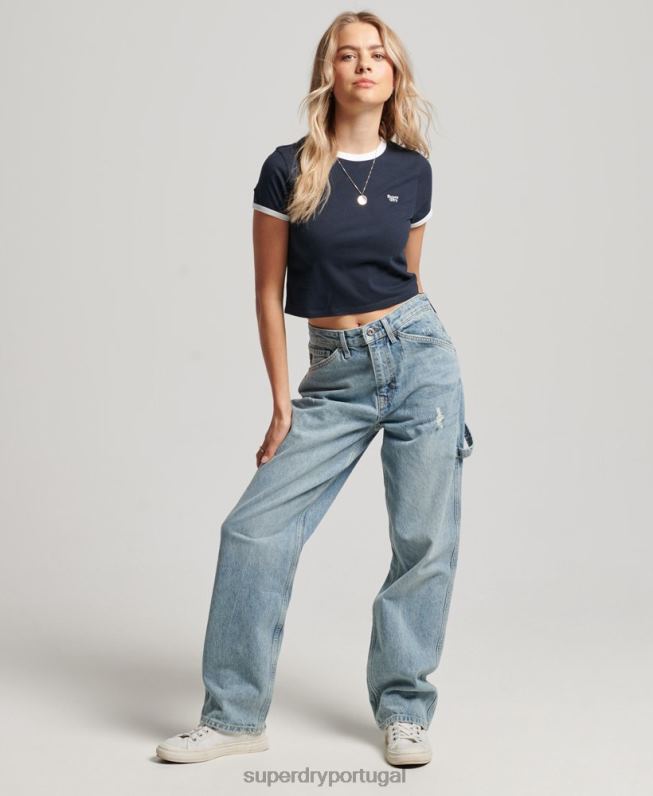 camiseta ringer crop de algodão orgânico mulheres marinha roupas Superdry 2208H2675