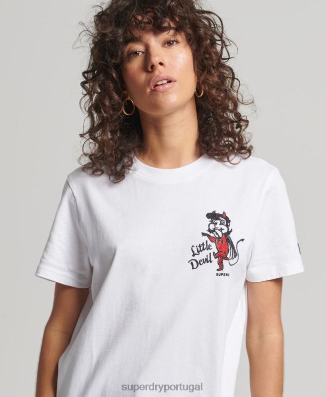 camiseta vintage com linhas cruzadas e strass mulheres branco roupas Superdry 2208H2823