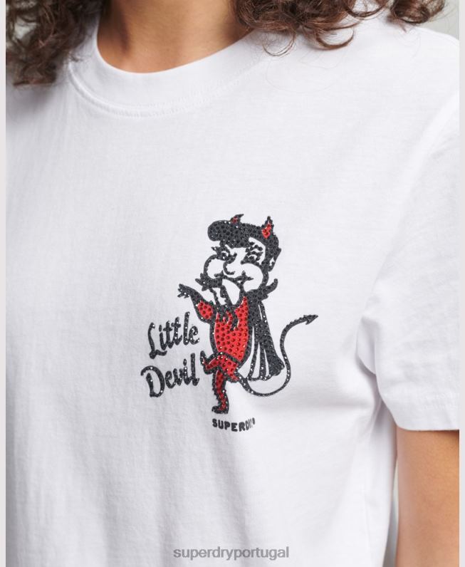 camiseta vintage com linhas cruzadas e strass mulheres branco roupas Superdry 2208H2823