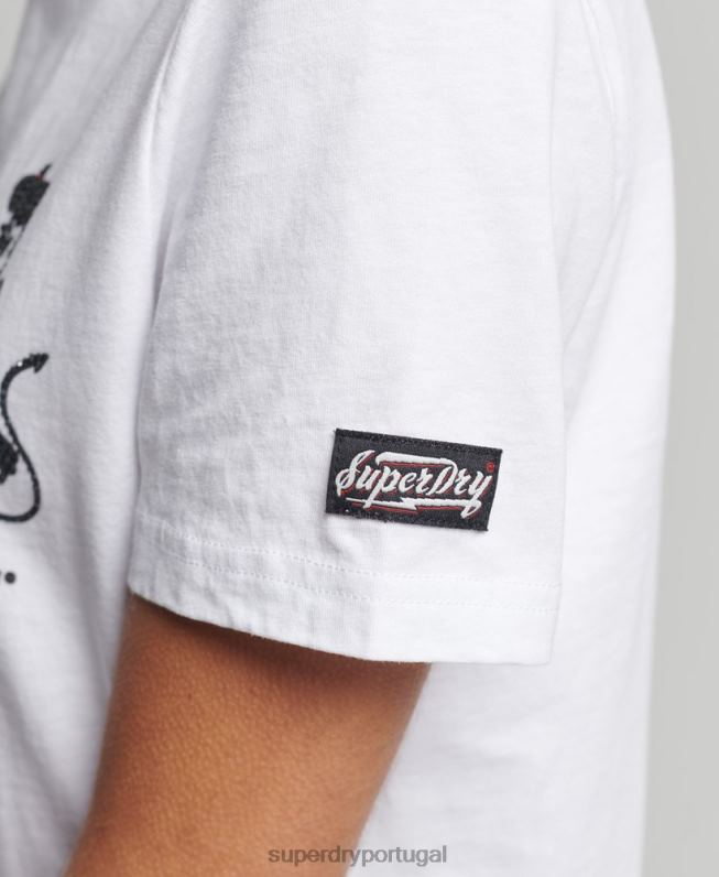 camiseta vintage com linhas cruzadas e strass mulheres branco roupas Superdry 2208H2823