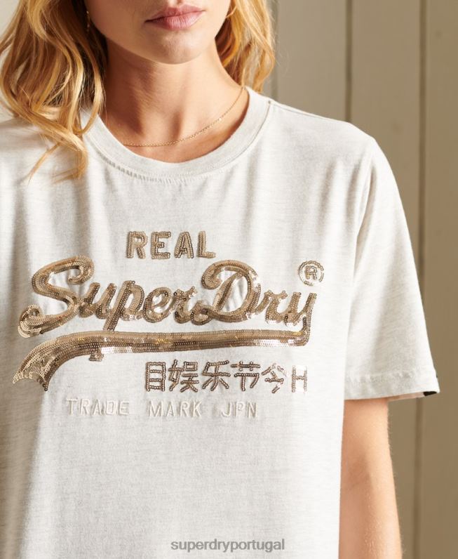 camiseta vintage com logo boho e brilho mulheres bege roupas Superdry 2208H6774