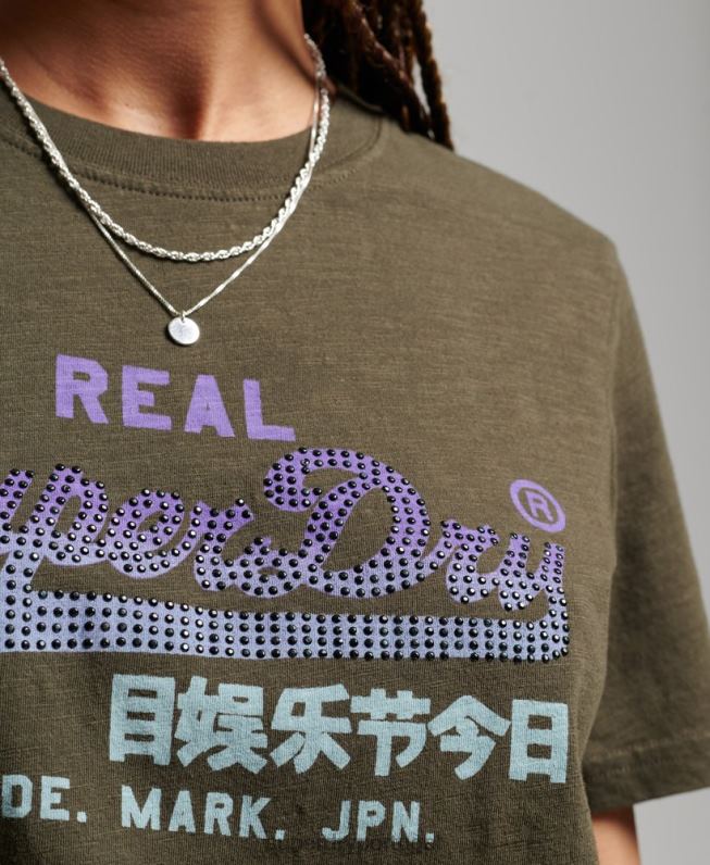 camiseta vintage com logo enfeitado mulheres caqui roupas Superdry 2208H2696