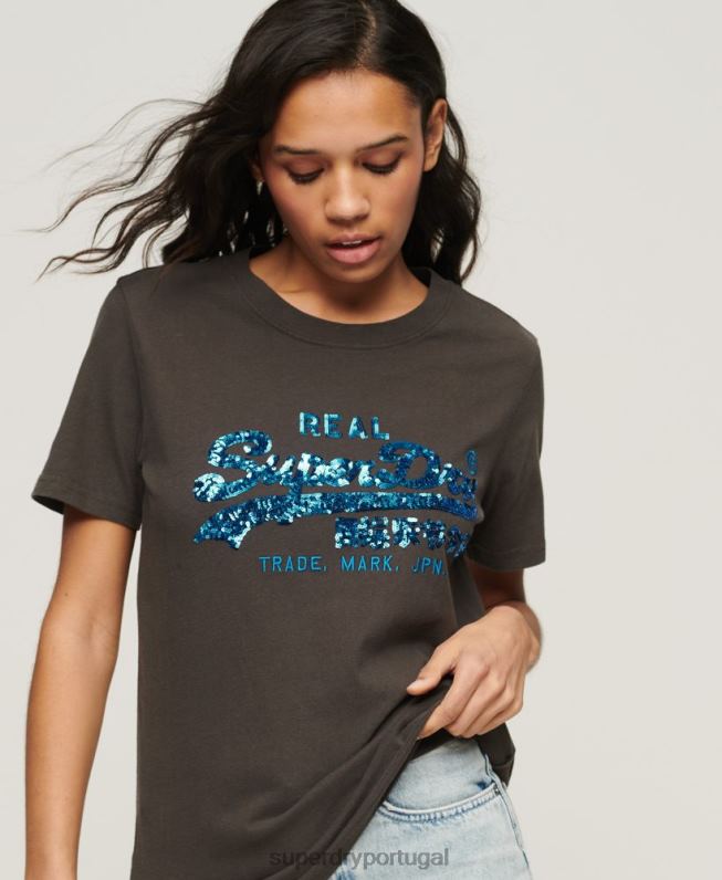 camiseta vintage com logo enfeitado mulheres cinza escuro roupas Superdry 2208H2297