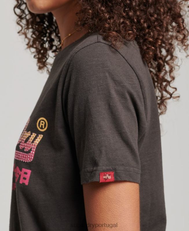 camiseta vintage com logo enfeitado mulheres cinza escuro roupas Superdry 2208H2682