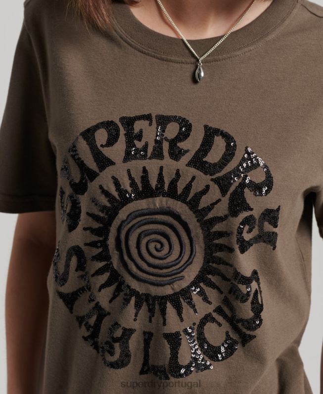 camiseta vintage decorada mulheres caqui roupas Superdry 2208H2722