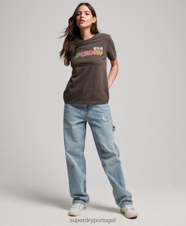 camiseta vintage retrô arco-íris mulheres cinza escuro roupas Superdry 2208H2683