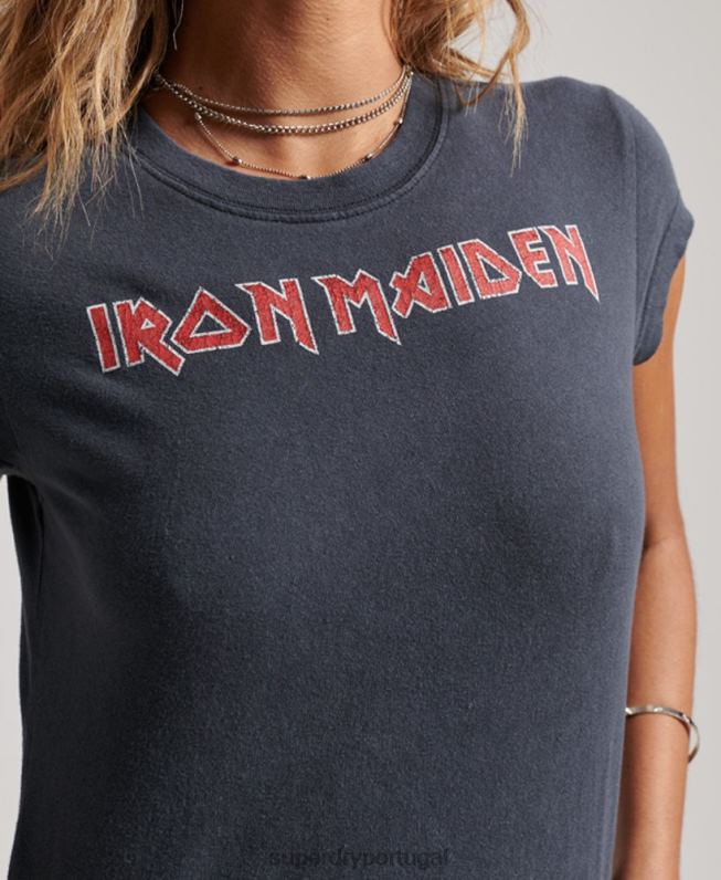 iron maiden camiseta manga curta mulheres cinza escuro roupas Superdry 2208H2625