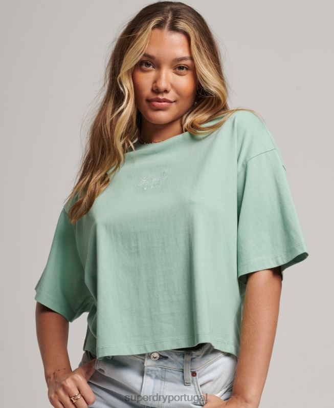 t-shirt boxy bordada Heritage mulheres verde roupas Superdry 2208H6201