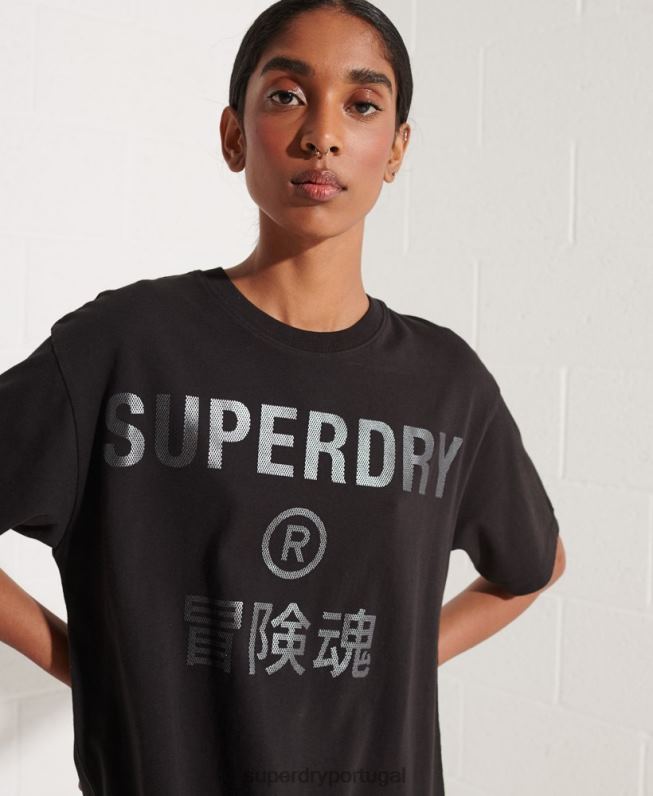 t-shirt com folha de logótipo cooperar mulheres preto roupas Superdry 2208H6273