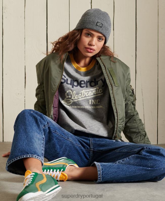 t-shirt core logo american classics ringer mulheres cinza roupas Superdry 2208H6304