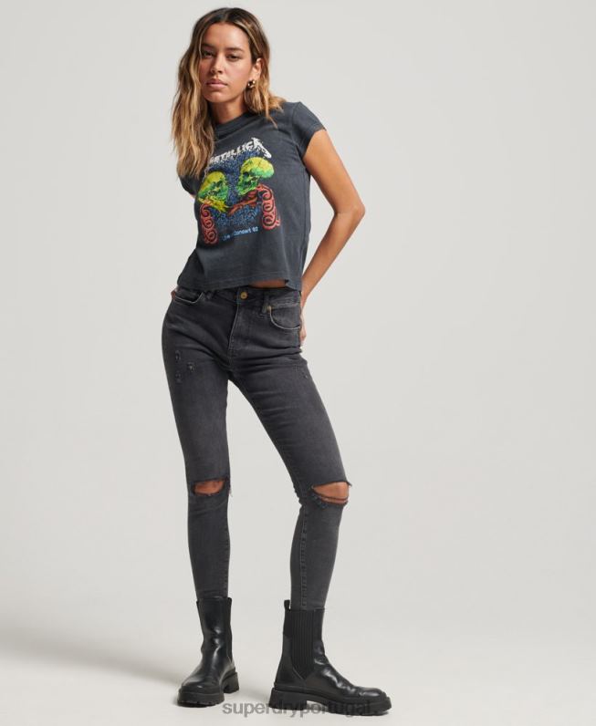 t-shirt de banda de manga de gola metalica mulheres preto roupas Superdry 2208H2611