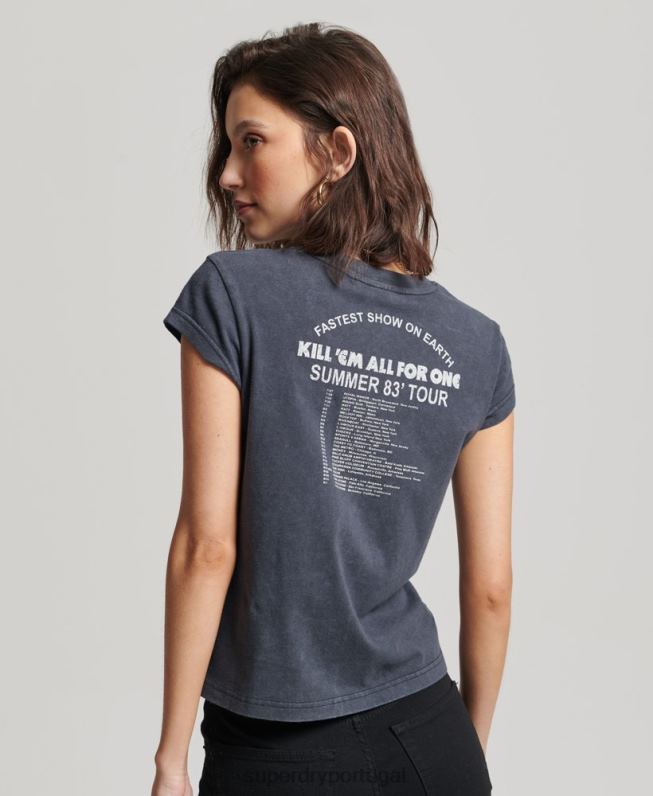 t-shirt de banda de manga de gola metalica mulheres preto roupas Superdry 2208H2613