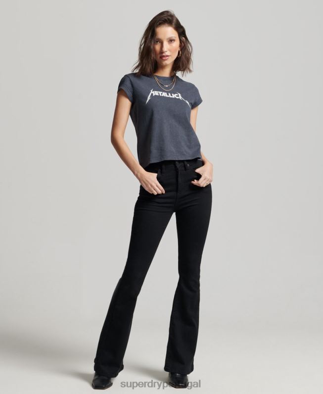 t-shirt de banda de manga de gola metalica mulheres preto roupas Superdry 2208H2613