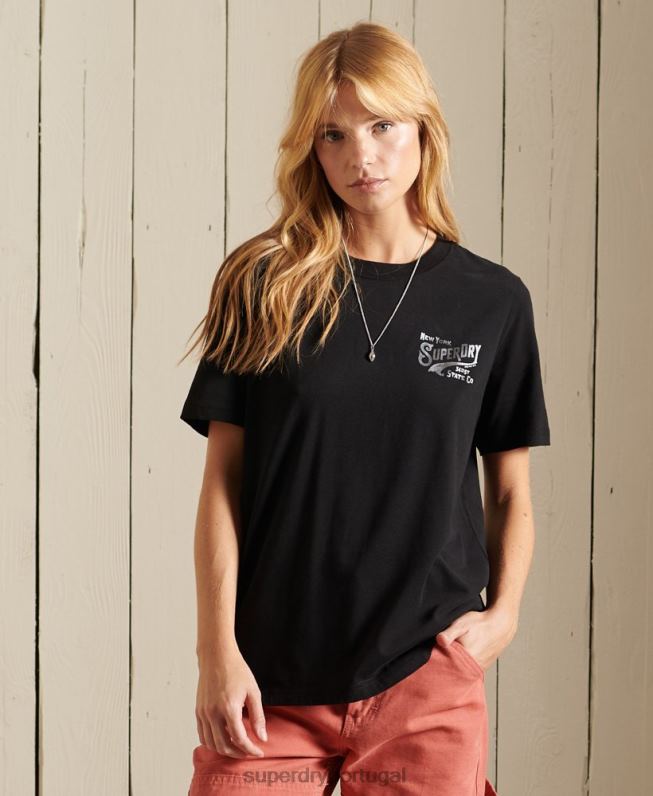 t-shirt de folha de trabalho estilo script mulheres preto roupas Superdry 2208H6275