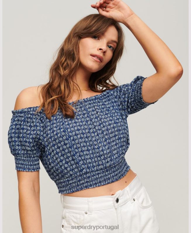 top cropped manga curta mulheres azul roupas Superdry 2208H2023