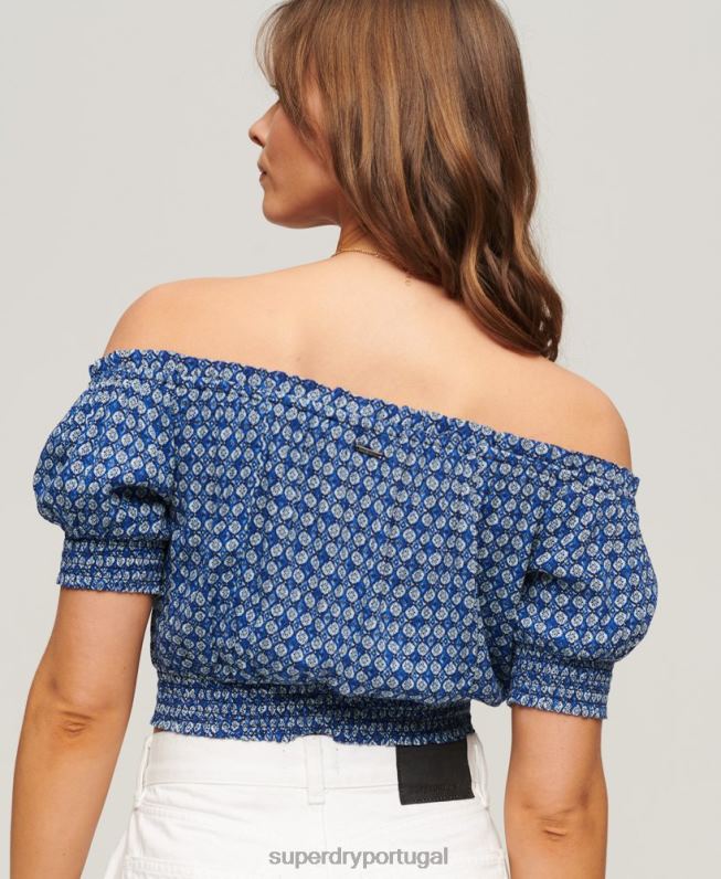 top cropped manga curta mulheres azul roupas Superdry 2208H2023