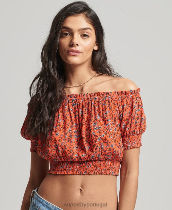 top cropped manga curta mulheres laranja roupas Superdry 2208H2110