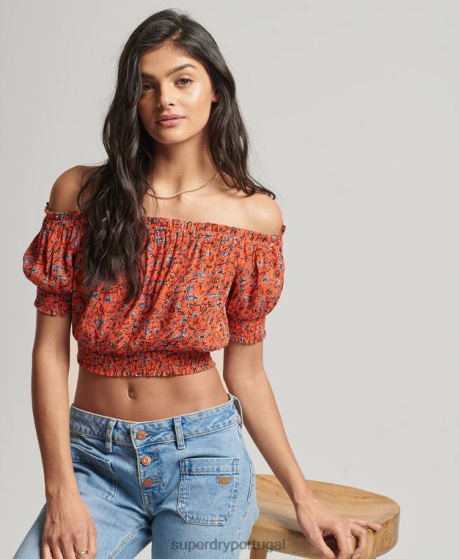 top cropped manga curta mulheres laranja roupas Superdry 2208H2110
