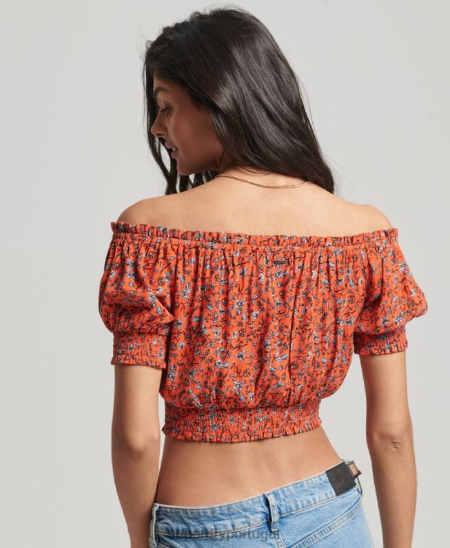 top cropped manga curta mulheres laranja roupas Superdry 2208H2110