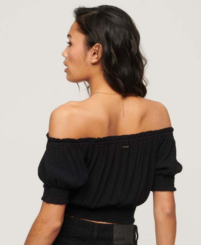 top cropped manga curta mulheres preto roupas Superdry 2208H2870