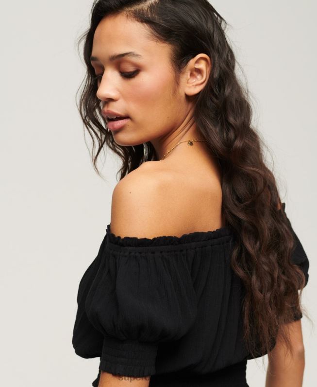 top cropped manga curta mulheres preto roupas Superdry 2208H2870