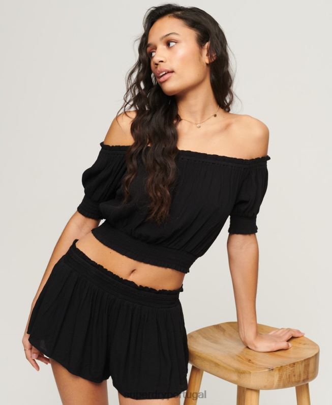 top cropped manga curta mulheres preto roupas Superdry 2208H2870