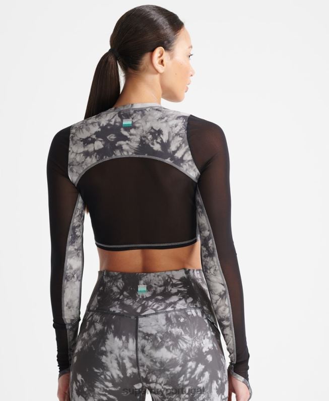 top cropped manga longa em mesh run mulheres cinza roupas Superdry 2208H4205