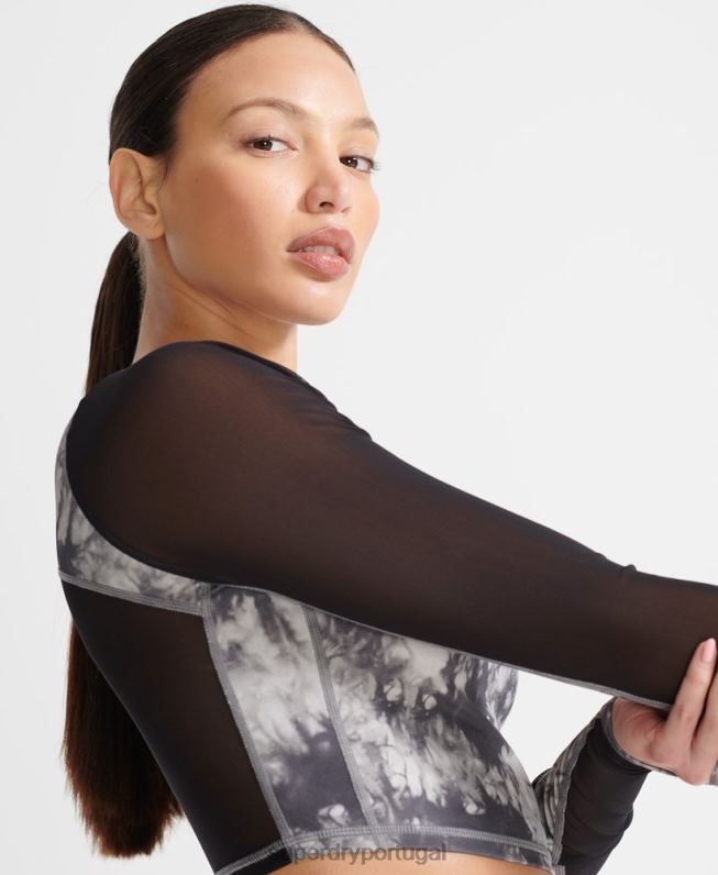 top cropped manga longa em mesh run mulheres cinza roupas Superdry 2208H4205