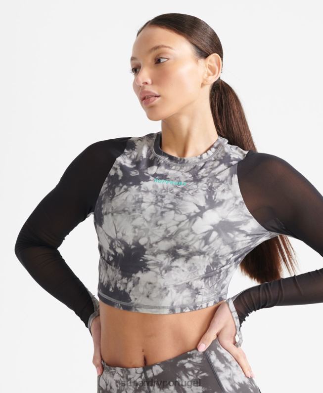 top cropped manga longa em mesh run mulheres cinza roupas Superdry 2208H4205