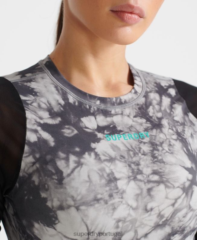 top cropped manga longa em mesh run mulheres cinza roupas Superdry 2208H4205