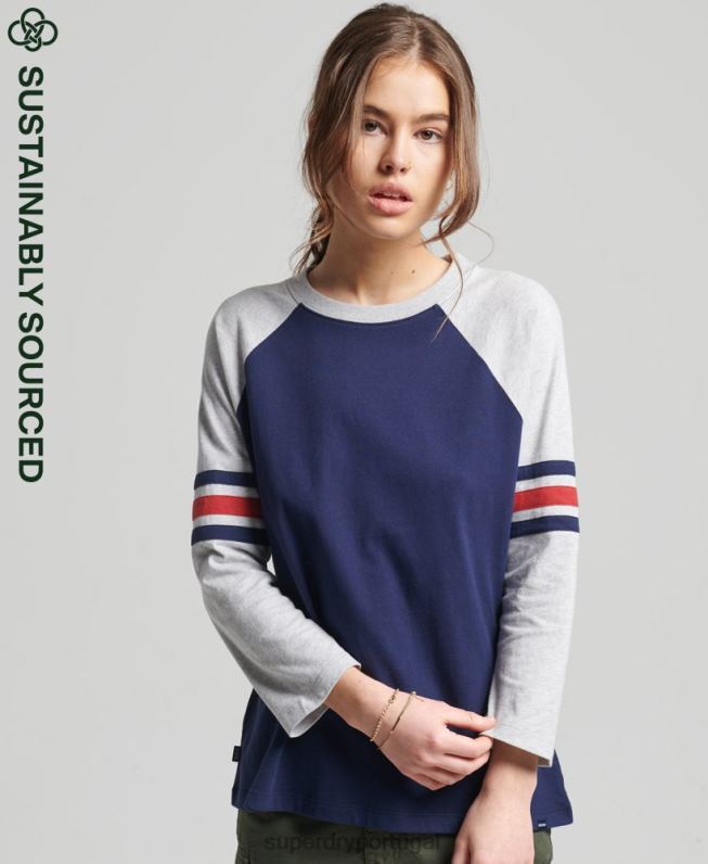 top de beisebol de meia manga vintage de algodão orgânico mulheres marinha roupas Superdry 2208H6575