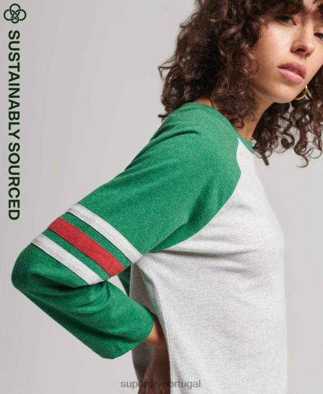 top de beisebol de meia manga vintage de algodão orgânico mulheres verde roupas Superdry 2208H6555