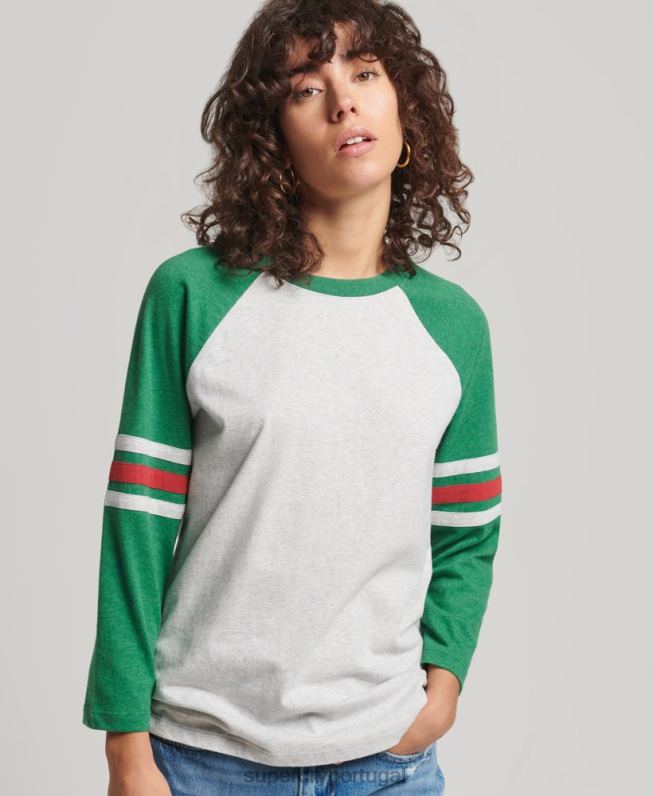 top de beisebol de meia manga vintage de algodão orgânico mulheres verde roupas Superdry 2208H6555