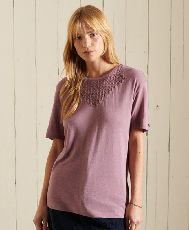 top de jérsei de renda de manga curta chevron mulheres roxo roupas Superdry 2208H2743