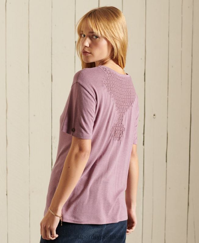 top de jérsei de renda de manga curta chevron mulheres roxo roupas Superdry 2208H2743