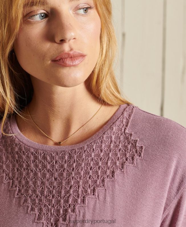 top de jérsei de renda de manga curta chevron mulheres roxo roupas Superdry 2208H2743