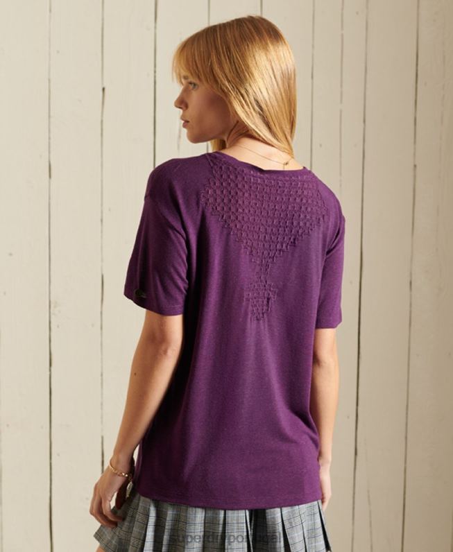top de jérsei de renda de manga curta chevron mulheres roxo roupas Superdry 2208H2746