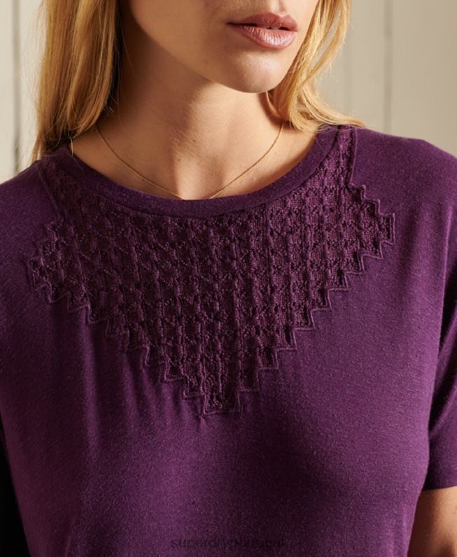 top de jérsei de renda de manga curta chevron mulheres roxo roupas Superdry 2208H2746