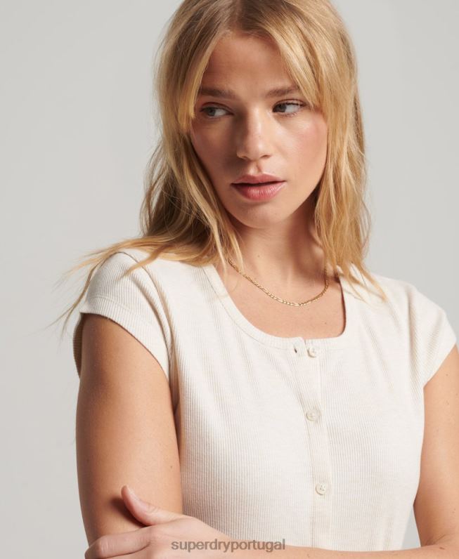 top de manga curta abotoado mulheres bege roupas Superdry 2208H2077