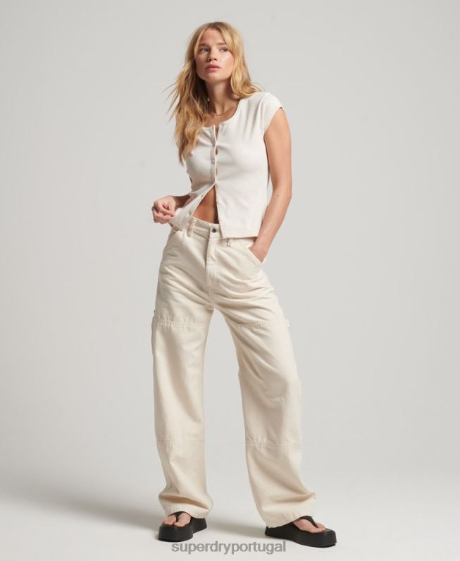 top de manga curta abotoado mulheres bege roupas Superdry 2208H2077