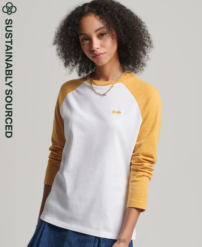 top de manga longa de beisebol vintage de algodão orgânico mulheres amarelo roupas Superdry 2208H6654